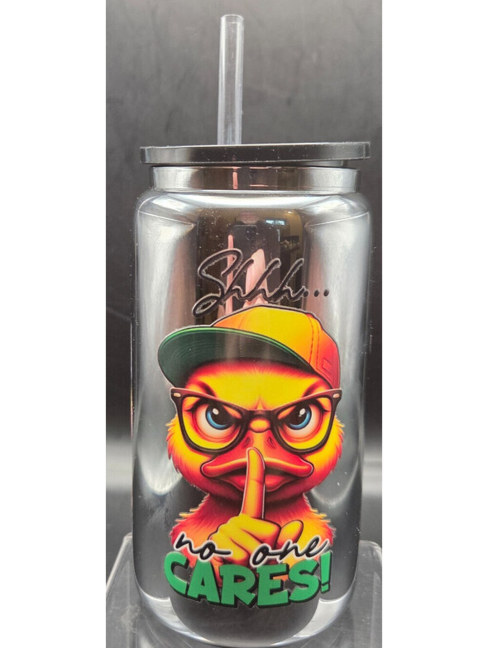 SHHH No One Cares Duck Tumbler Cup Can Style Stainless Steel Straw 20oz NEW